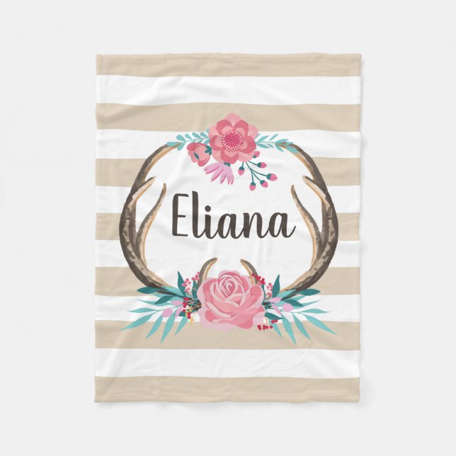 Personalized Boho Chic Antlers Fleece Blanket (Front)