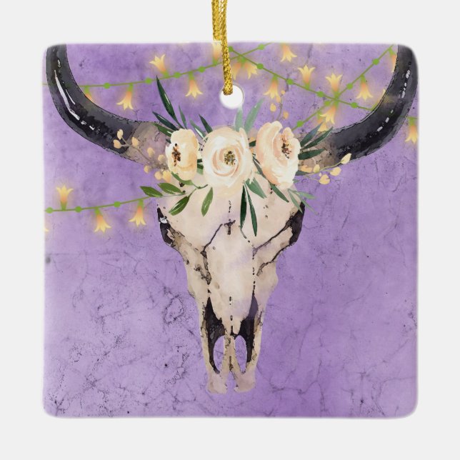 Personalized Boho Cow Skull and Lights Christmas Ceramic Ornament (Front)