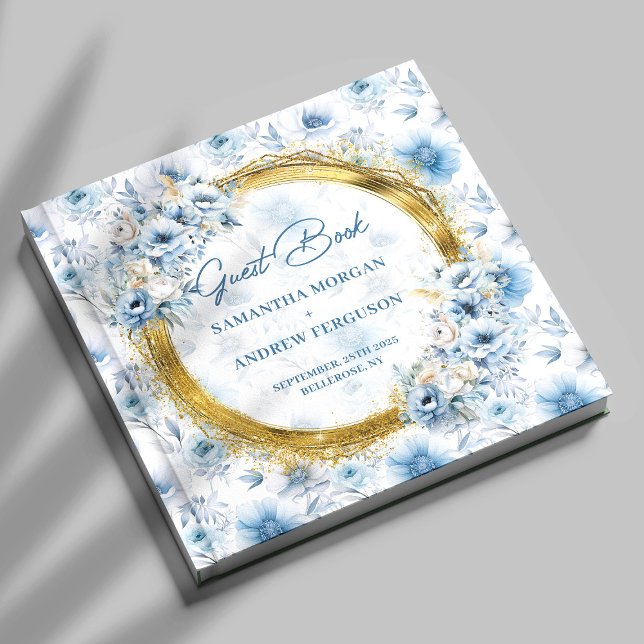 Personalized Boho Dusty Blue Gold Glitter Wedding Guest Book (Personalized Boho Dusty Blue Gold Glitter Wedding Guest Book)