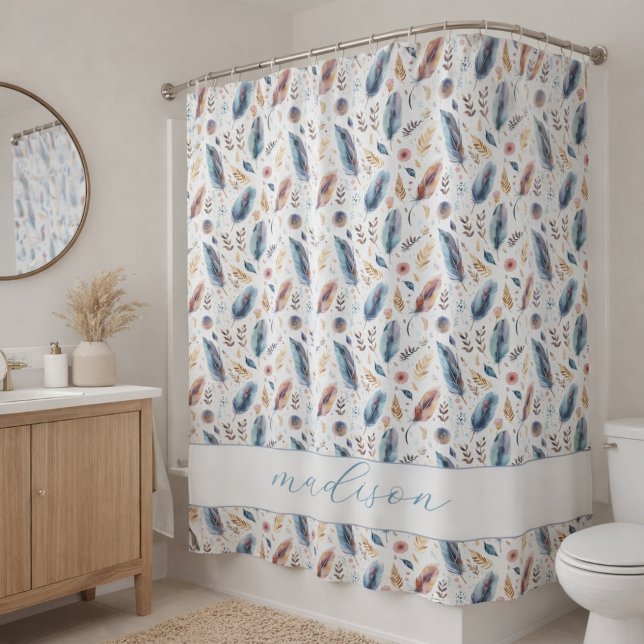 Personalized Boho Feather Floral Shower Curtain (Creator Uploaded)