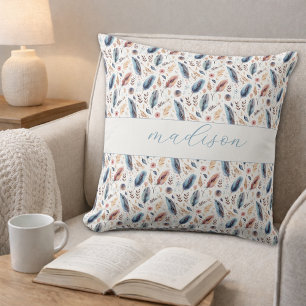 Personalized Boho Feather Floral Throw Pillow