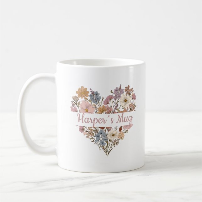 Personalized Boho Floral Heart Mug (Left)