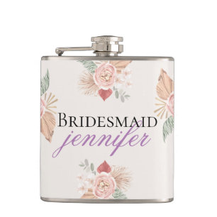 Personalized Boho Floral Heart Pink Beige Hip Flask