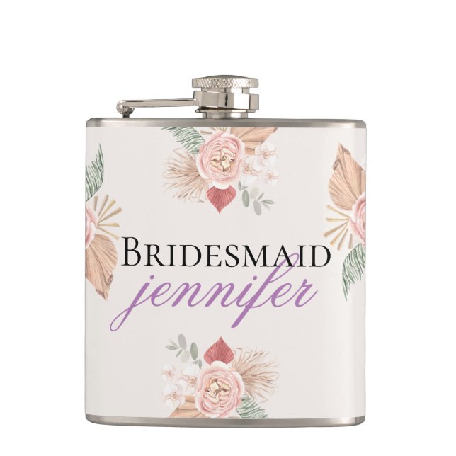 Personalized Boho Floral Heart Pink Beige Hip Flask (Front)