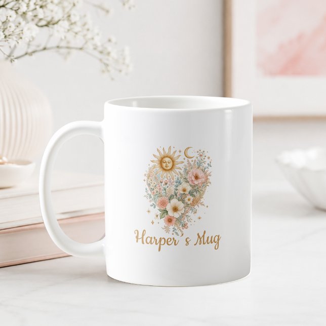 Personalized Boho Floral Heart Sun Moon Mug (Personalized Boho Floral Heart Sun Moon Stars Script Font Mug)