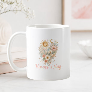 Personalized Boho Floral Heart Sun Moon Mug