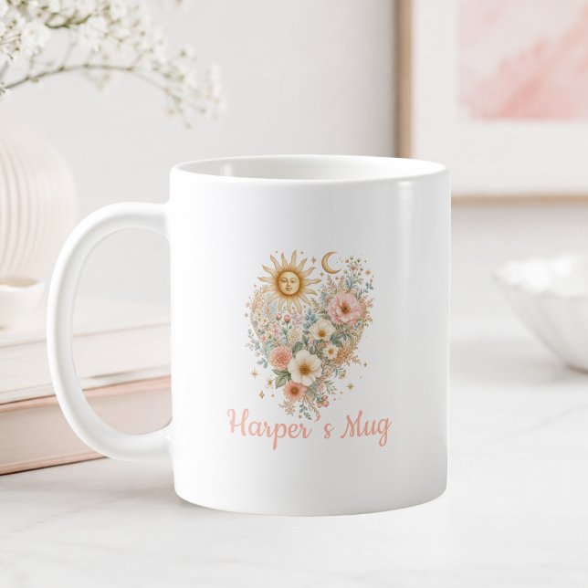 Personalized Boho Floral Heart Sun Moon Mug (Personalized Boho Floral Heart Sun Moon Stars Script Font Mug)