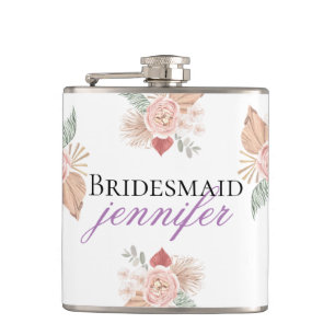 Personalized Boho Floral Heart White Hip Flask