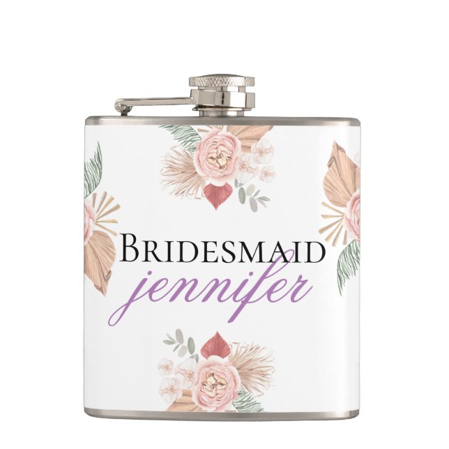 Personalized Boho Floral Heart White Hip Flask (Front)