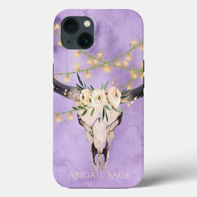 Personalized Boho Floral Skull and Lights Purple Case-Mate iPhone Case (Back)
