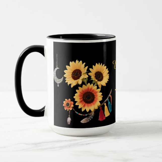 Personalized Boho Floral Sunflower Black Coffee  Mug (Left)