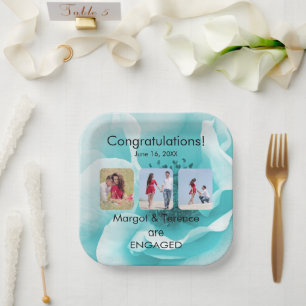 Personalized Boho Florals 3-Photo Engagement Paper Plate