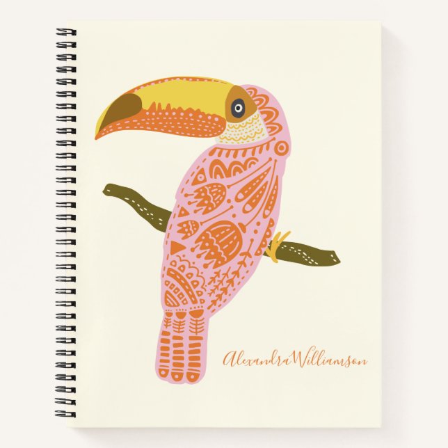 Personalized Boho Folk Art Toucan Pink Modern Notebook (Front)