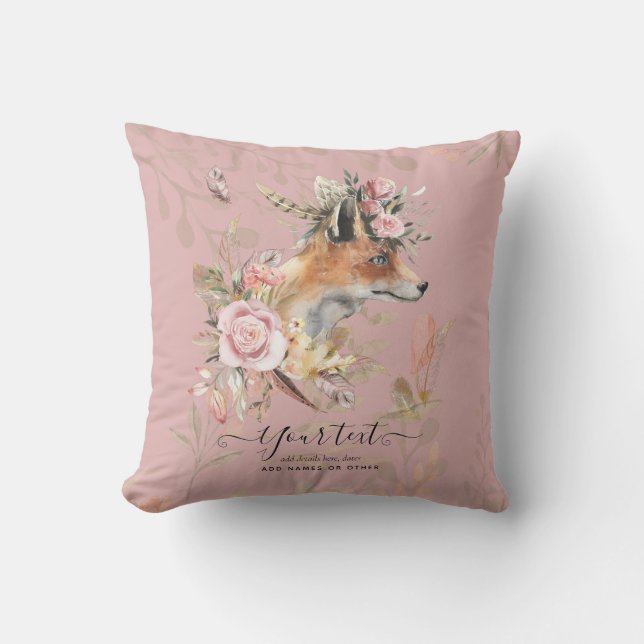 PERSONALIZED Boho Fox Feathers Commemorative Gift Throw Pillow (Front)