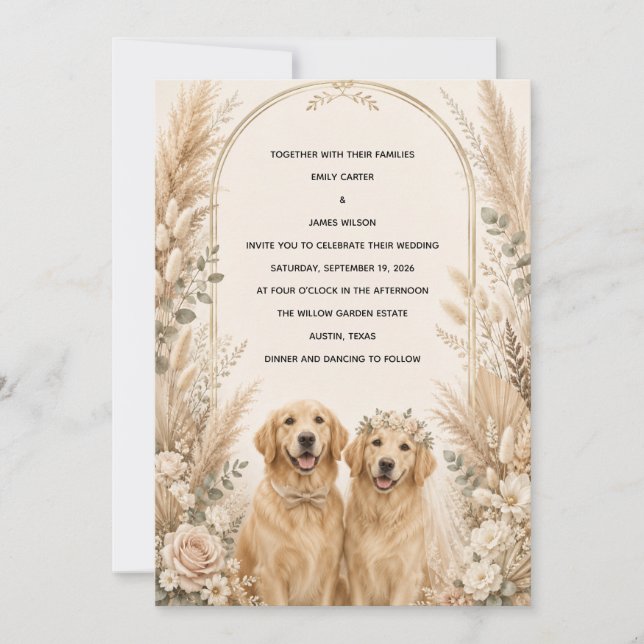 Personalized Boho Golden Retriever Wedding Invitat Invitation (Front)