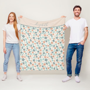 Personalized Boho Green Peach Pink Floral  Fleece Blanket