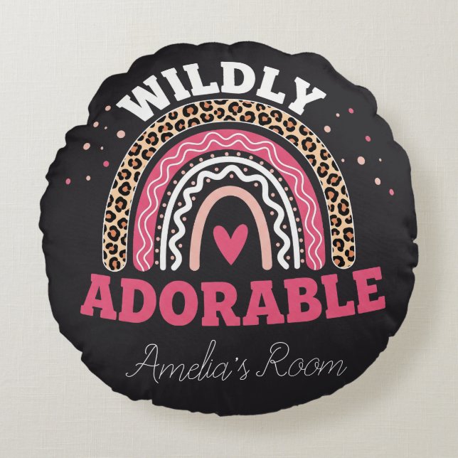 Personalized Boho Leopard Rainbow Nursery Round  Pillow (Front)