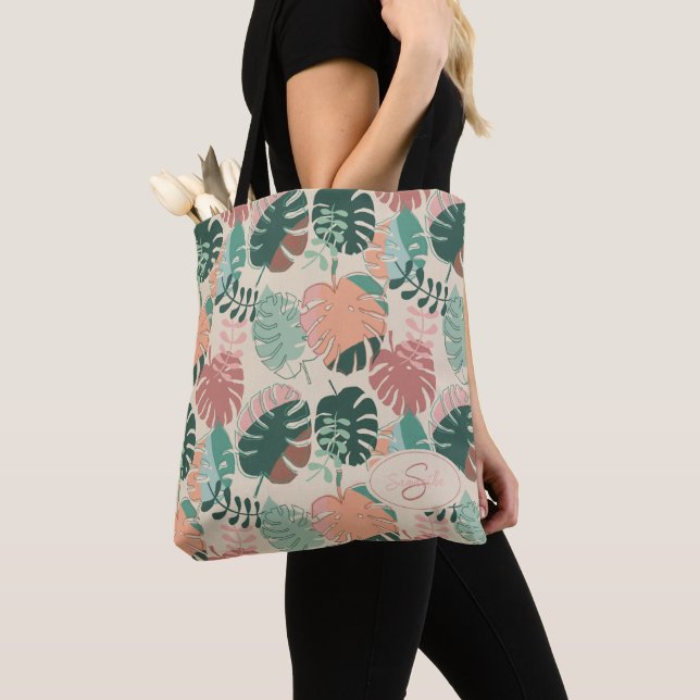 Personalized Boho Monstera Summer Tote Bag (Close Up)