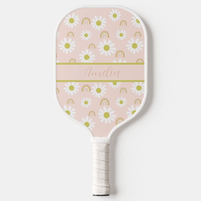 Personalized Boho Pink Daisy Pickleball Paddle (Front)