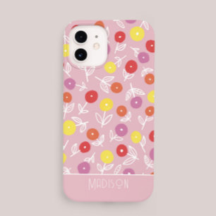 Personalized Boho Pink Modern Floral pattern name iPhone 14 Case