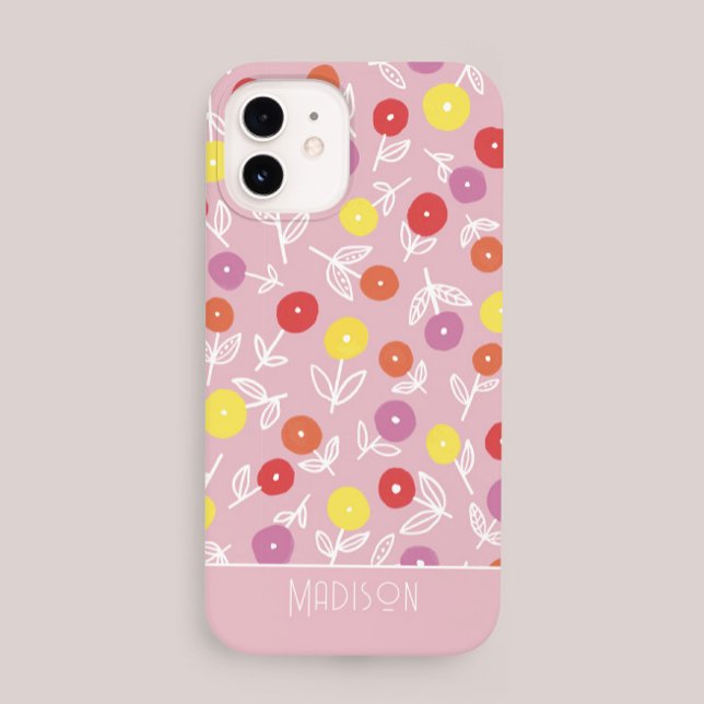 Personalized Boho Pink Modern Floral pattern name iPhone Case (Creator Uploaded)