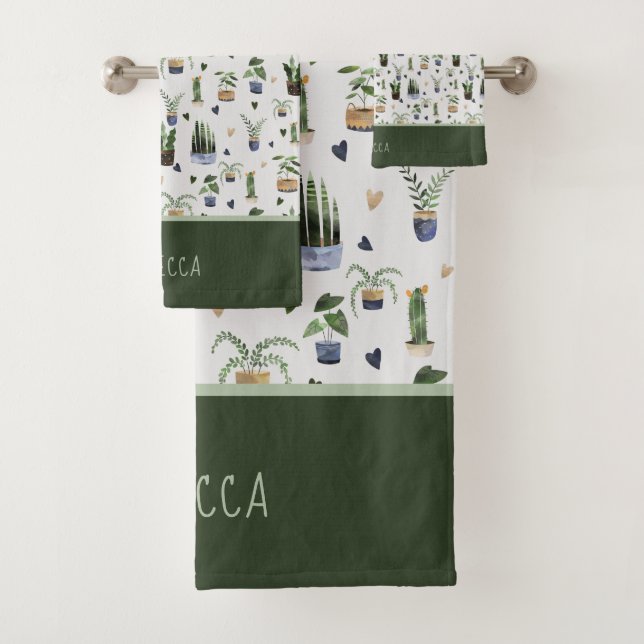 Personalized Boho Potted Plant Pattern Bath Towel Set (Insitu)