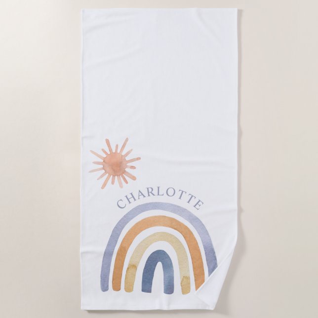 Personalized Boho Rainbow And Sun Beach Towel (Front)