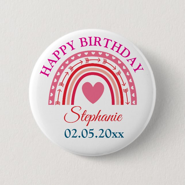 Personalized Boho Rainbow Birthday 2 Inch Round Button (Front)