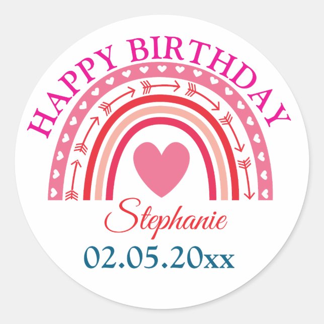 Personalized Boho Rainbow Birthday Classic Round Sticker (Front)