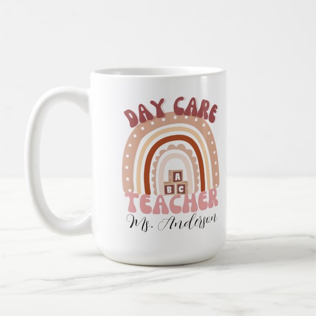 Personalized boho rainbow daycare teacher  coffee mug (Left)