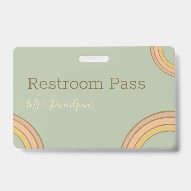 Personalized Boho Rainbow Hall Pass Green Badge (Front)