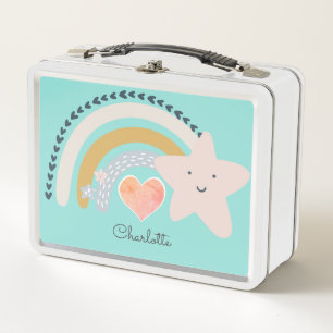 Personalized Boho Rainbow Pink Heart  Metal Lunch  Metal Lunch Box
