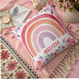 personalized Boho Rainbow with Flowers Throw Pillow
