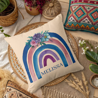 personalized Boho Rainbow with Flowers  Throw Pillow