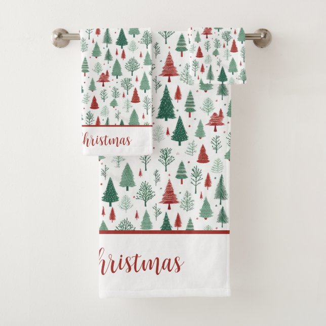 Personalized Boho Red Green Christmas Tree Holiday Bath Towel Set (Insitu)