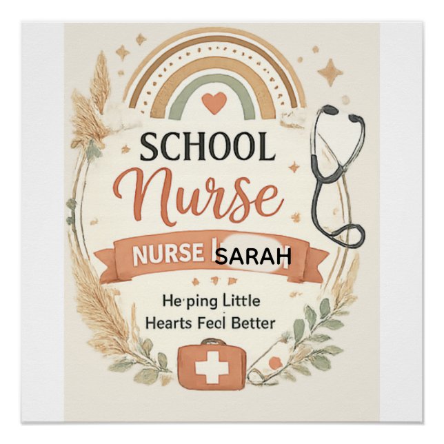 Personalized Boho School Nurse Sign, Rainbow Nurse Poster (Front)