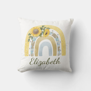 Personalized Boho Sunflower Rainbow Name Girl  Throw Pillow