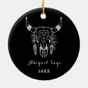 Personalized Boho Tribal Skull Black and White Ceramic Ornament