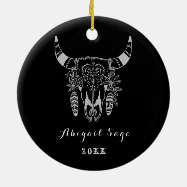 Personalized Boho Tribal Skull Black and White Ceramic Ornament (Back)