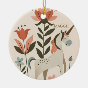 Personalized Boho Unicorn Wildflower Ceramic Ornament
