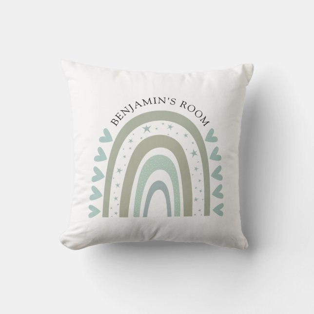 Personalized Boho Watercolor Blue Rainbow Nursery Throw Pillow (Front)