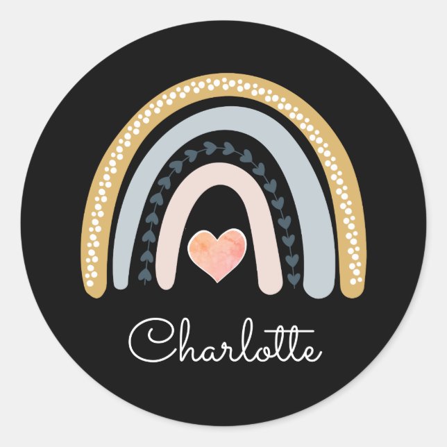 Personalized Boho Watercolor Rainbow Black  Classic Round Sticker (Front)