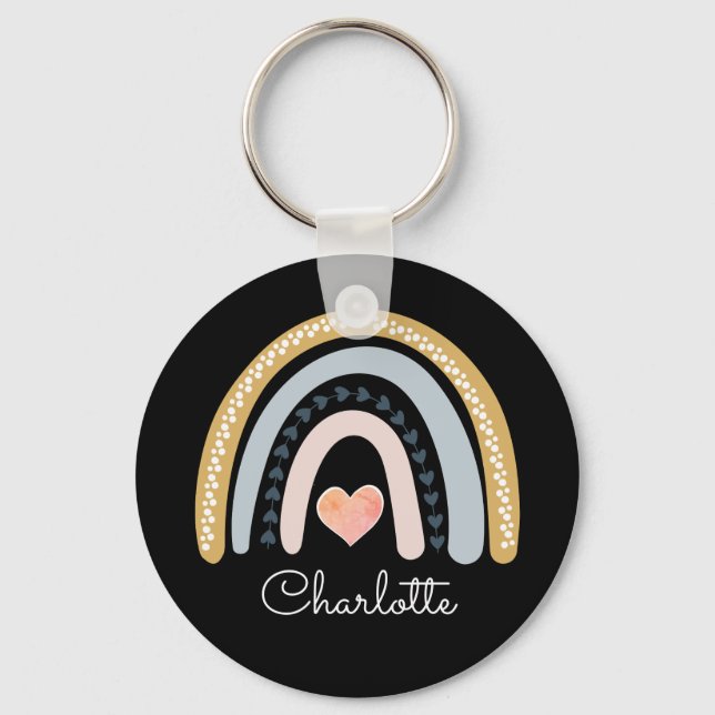 Personalized Boho Watercolor Rainbow Black Keychain (Front)