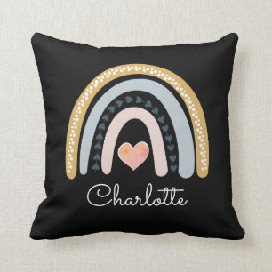 Personalized Boho Watercolor Rainbow Black Throw Throw Pillow