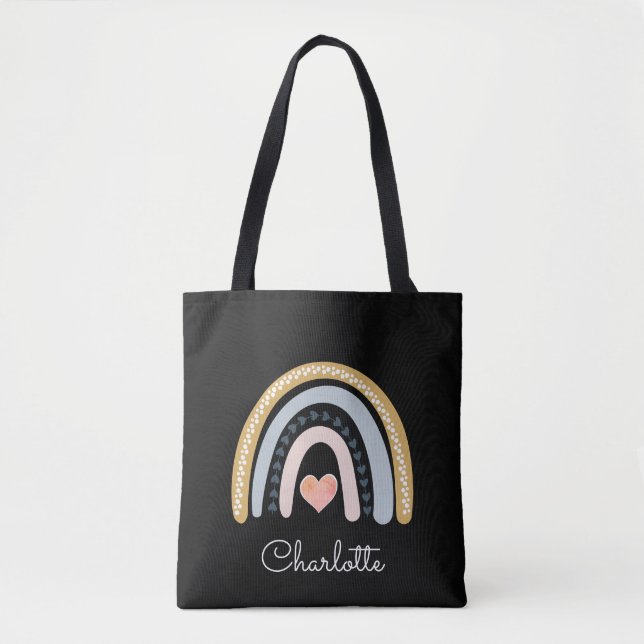 Personalized Boho Watercolor Rainbow Black Tote Bag (Front)