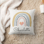 Personalized Boho Watercolor Rainbow Name Girl Throw Pillow<br><div class="desc">Boho watercolor Rainbow with hearts throw pillow with a whimsical script typeface for a baby nursery or young toddler child's bedroom. Pastel pink blue colours and hearts.</div>