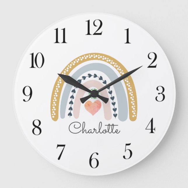 Personalized Boho Watercolor Rainbow Nursery Large Clock (Front)