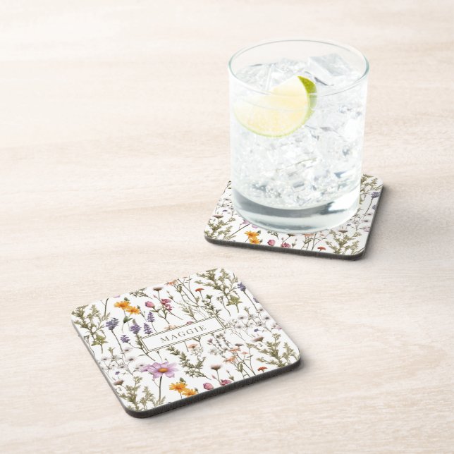 Personalized Boho Watercolor Wildflowers Pattern Coaster (Right Side)
