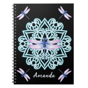 Personalized Bold Black WhimsicalDragonfly Mandala Notebook