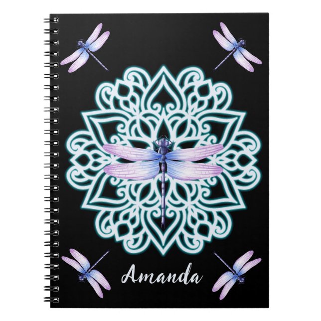 Personalized Bold Black WhimsicalDragonfly Mandala Notebook (Front)